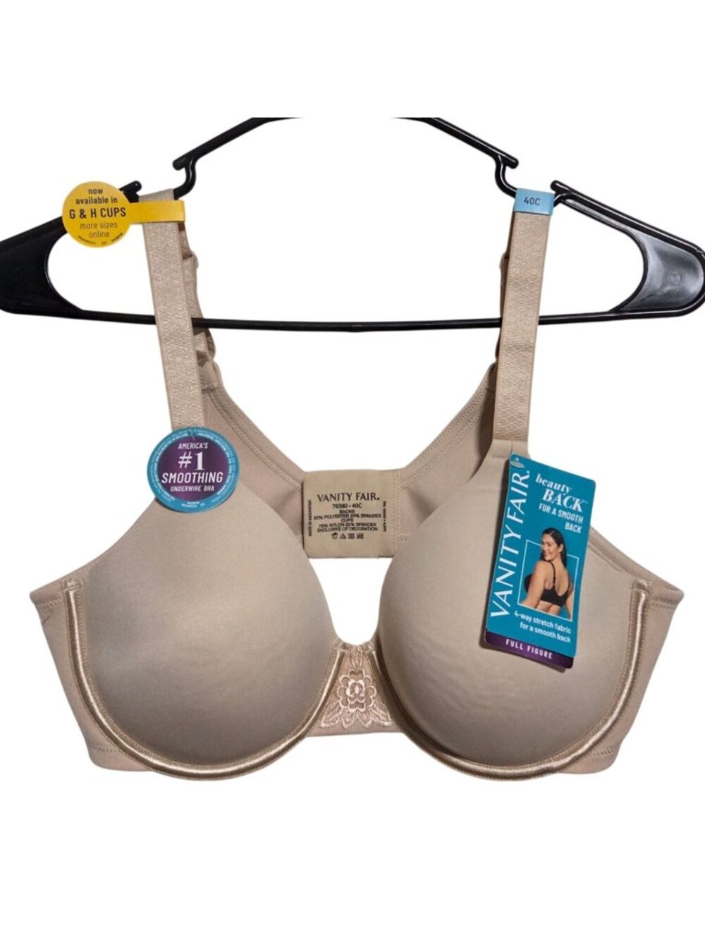 Vanity Fair Bra Size 40C Beauty Back Full Figure Beige No Poke Underwire Padded